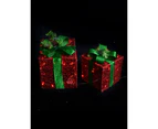 Glittered Red Mesh 3D Gift Boxes With Bow & Warm White LED Lights - 30cm - Red with Green & Warm White