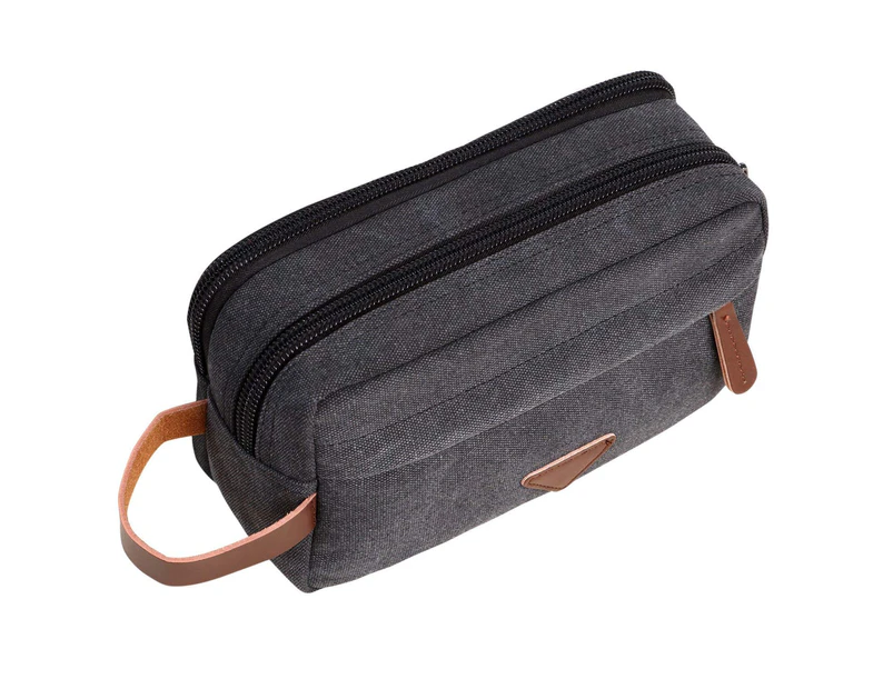 Men's Travel Toiletry Bag with Two Compartments Canvas Leather Cosmetic Organizer for Makeup Shaving Sets - Black