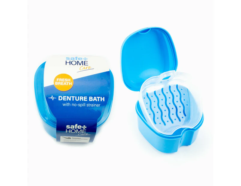 Safe Home Care Denture Bath with No Spill Strainer - Blue