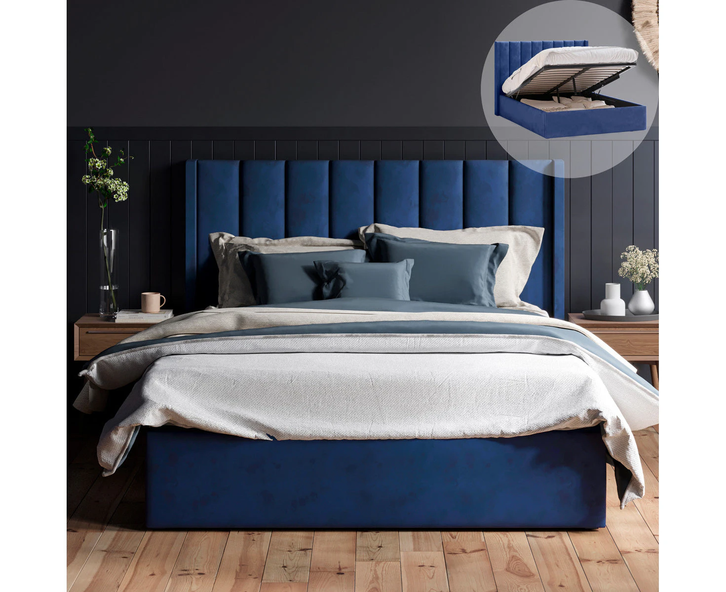 Gas Lift Storage Bed Frame with Vertical Lined Winged Bed Head in King, Queen and Double Size (Navy Blue Velvet)