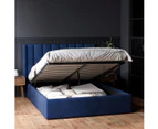 Gas Lift Storage Bed Frame with Vertical Lined Winged Bed Head in King, Queen and Double Size (Navy Blue Velvet)