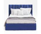 Gas Lift Storage Bed Frame with Vertical Lined Winged Bed Head in King, Queen and Double Size (Navy Blue Velvet)