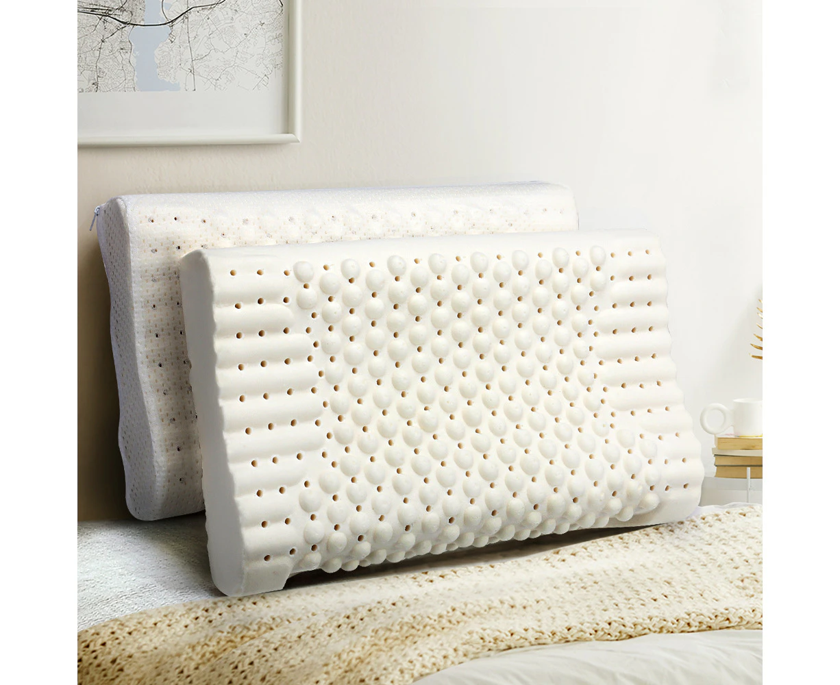 Mona Bedding 2x Natural Latex Pillow Contoured Size w Cover Low Profile Support Feel 10cm Thick