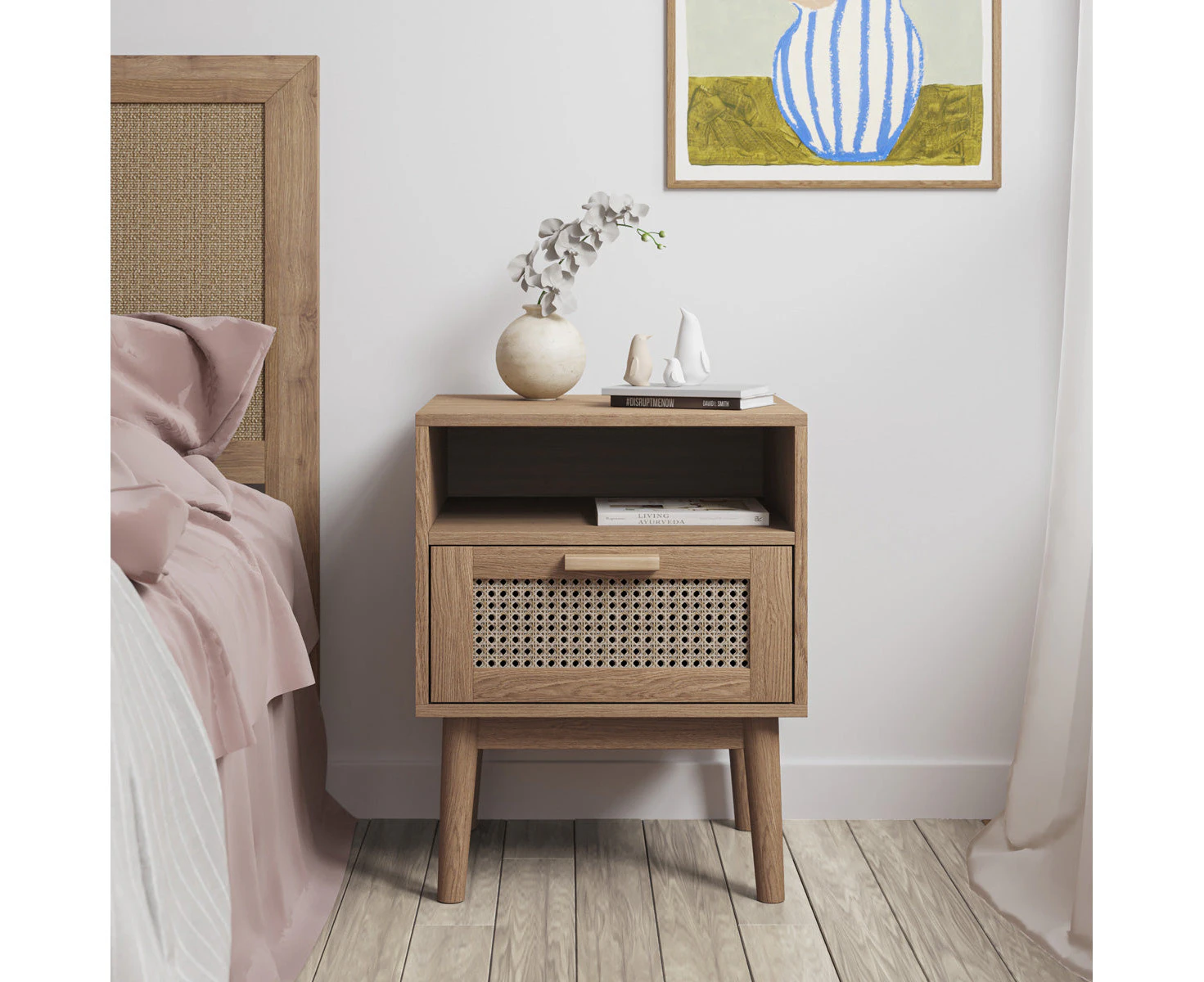 Rattan Bedside Table with Storage Drawer