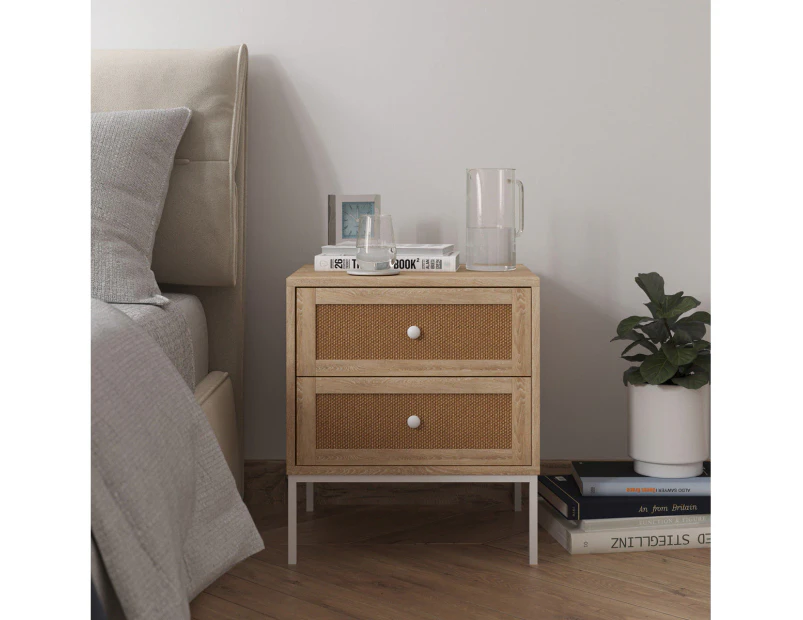 Rattan Cane Bedside Table with 2 Storage Drawers