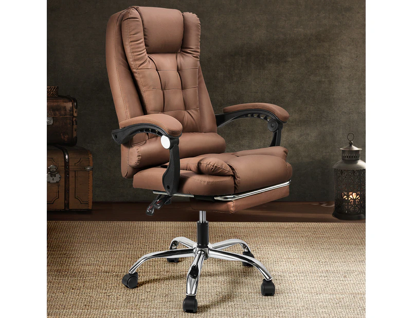 Furb Office Chair Executive Gaming PU leather Seat Ergonomic Support Caster Wheel Footrest Dark Brow