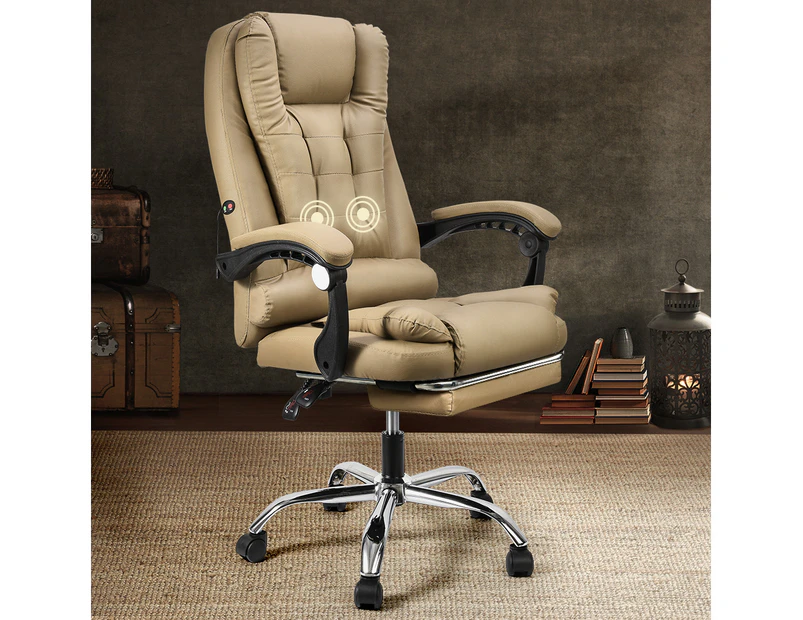 Furb Massage Office Chair Executive Gaming PU leather Seat Ergonomic Support Footrest Khaki