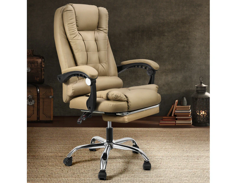 Furb Office Chair Executive Gaming PU leather Seat Ergonomic Support Caster Wheel Footrest Khaki