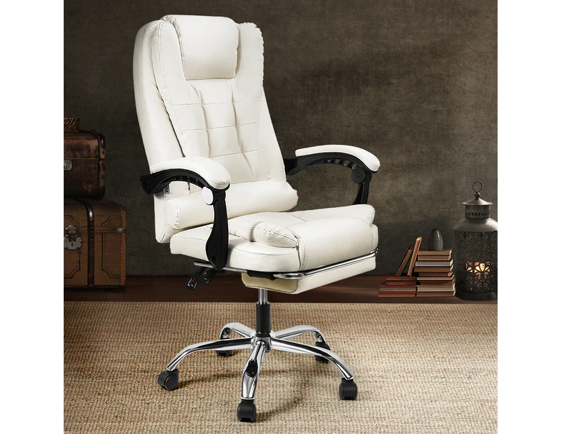 Furb Office Chair Executive Gaming PU leather Seat Ergonomic Support Caster Wheel Footrest White