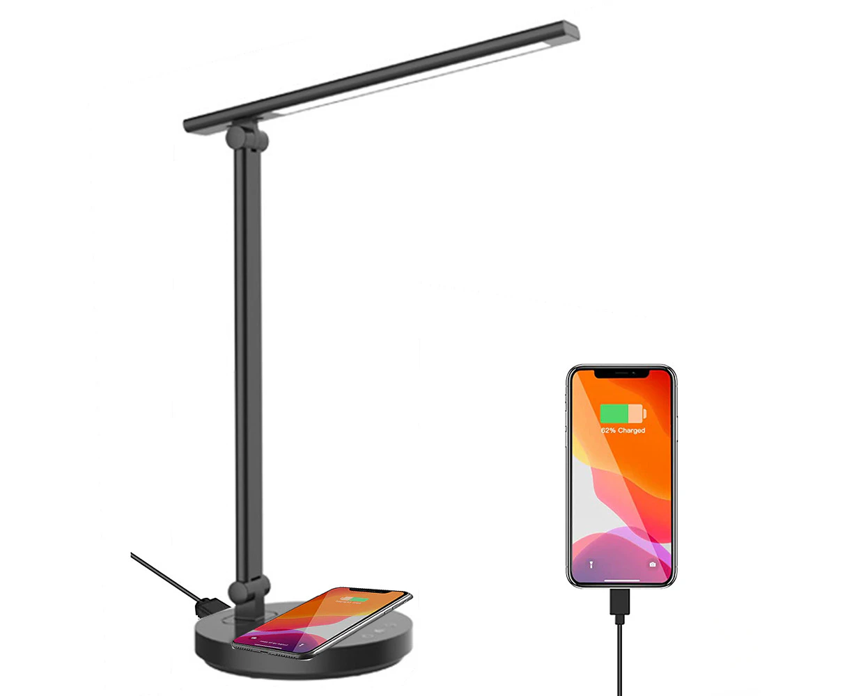 LED Table Lamp Desk light with Wireless Charger USB Port Reading- Black