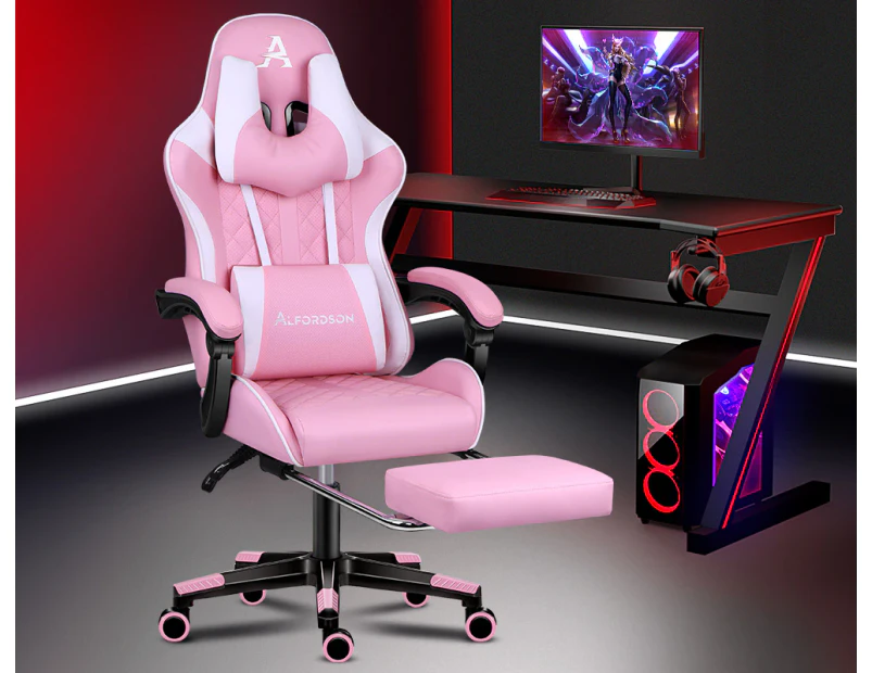 ALFORDSON Gaming Chair Office Racer Large Lumbar Cushion Footrest Seat Leather Pink & White