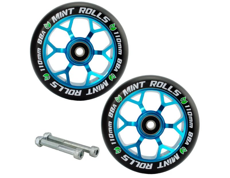 Mint Rolls 110mm Scooter Wheels - Blue - Pair with Bearings and free Axles