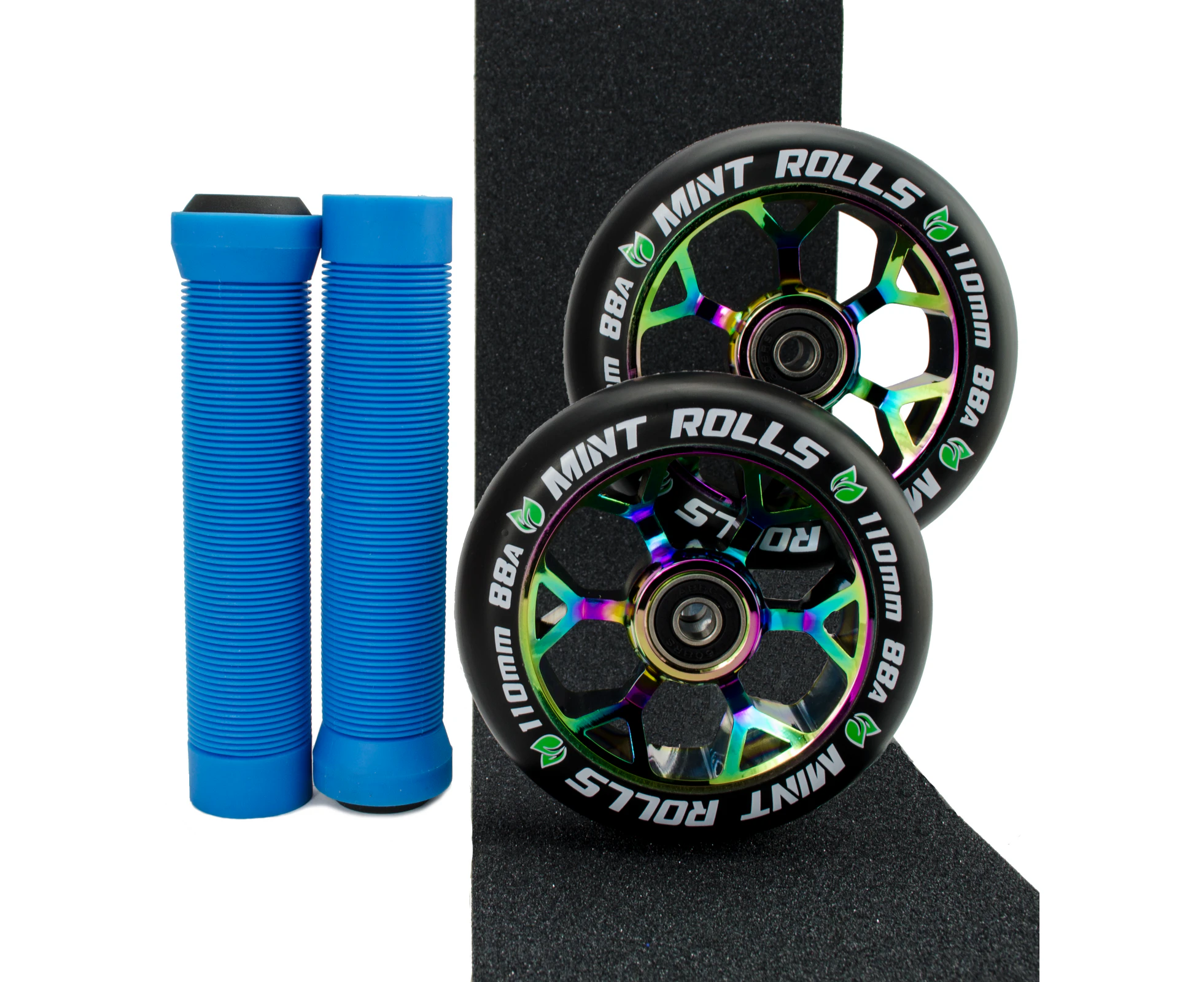 Mint Rolls 110mm Scooter Wheels Grips & Tape Pack Oil Slick/Blue