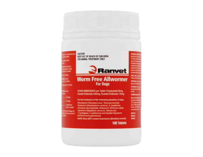 Ranvet Worm Free Dogs Allwormer Treatment Red 10kg 100 Tablets