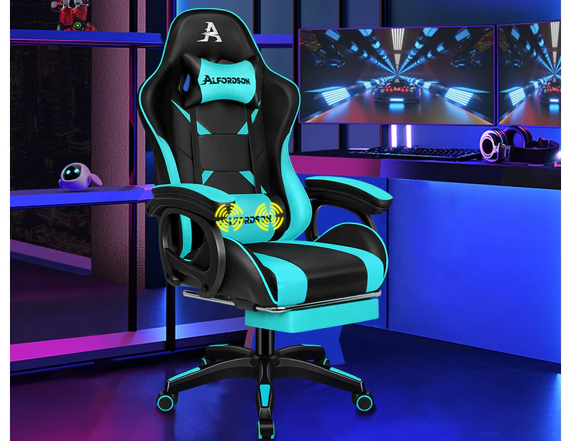 ALFORDSON Gaming Office Chair Massage Racing Computer Seat Footrest Leather Cyan