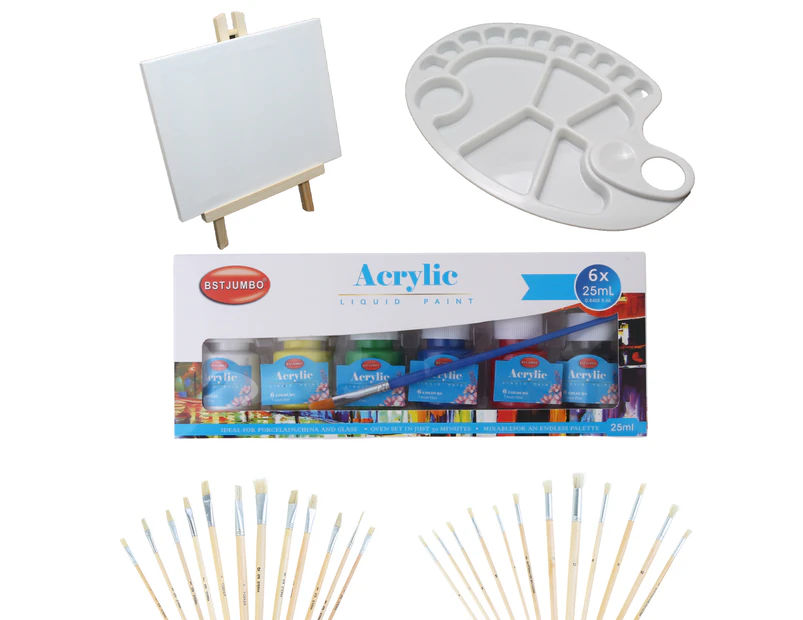 Value Deal 33pce Acrylic Paint Intro Set Kit Paints, Round & Flat Brushes, Large Palette - Mixed