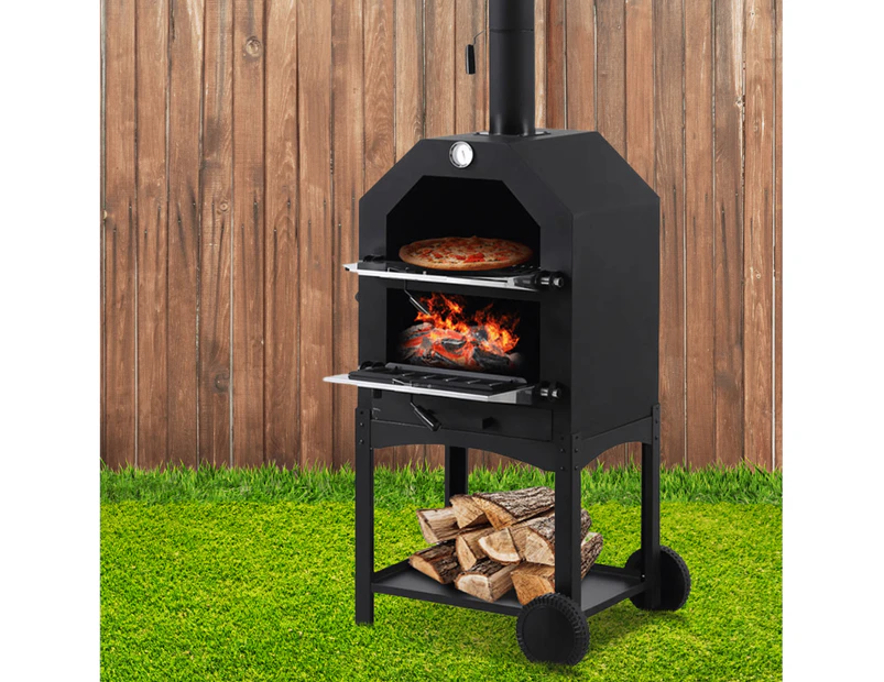 3in1 Portable BBQ Charcoal Grill Steel Pizza Oven Smoker Barbecue Camp Outdoor - Black