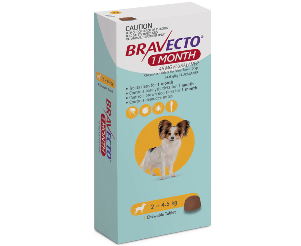 Bravecto Dog 1 Month Chew Tick & Flea Treatment 2.4-5kg Extra Small Yellow