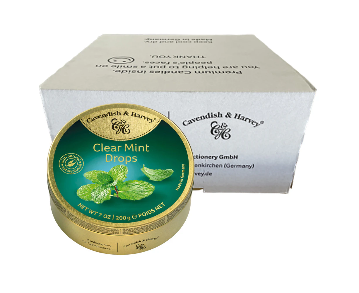 Cavendish and Harvey Clear Mint Drops 200g Tin Sweets Candy Lollies x 10