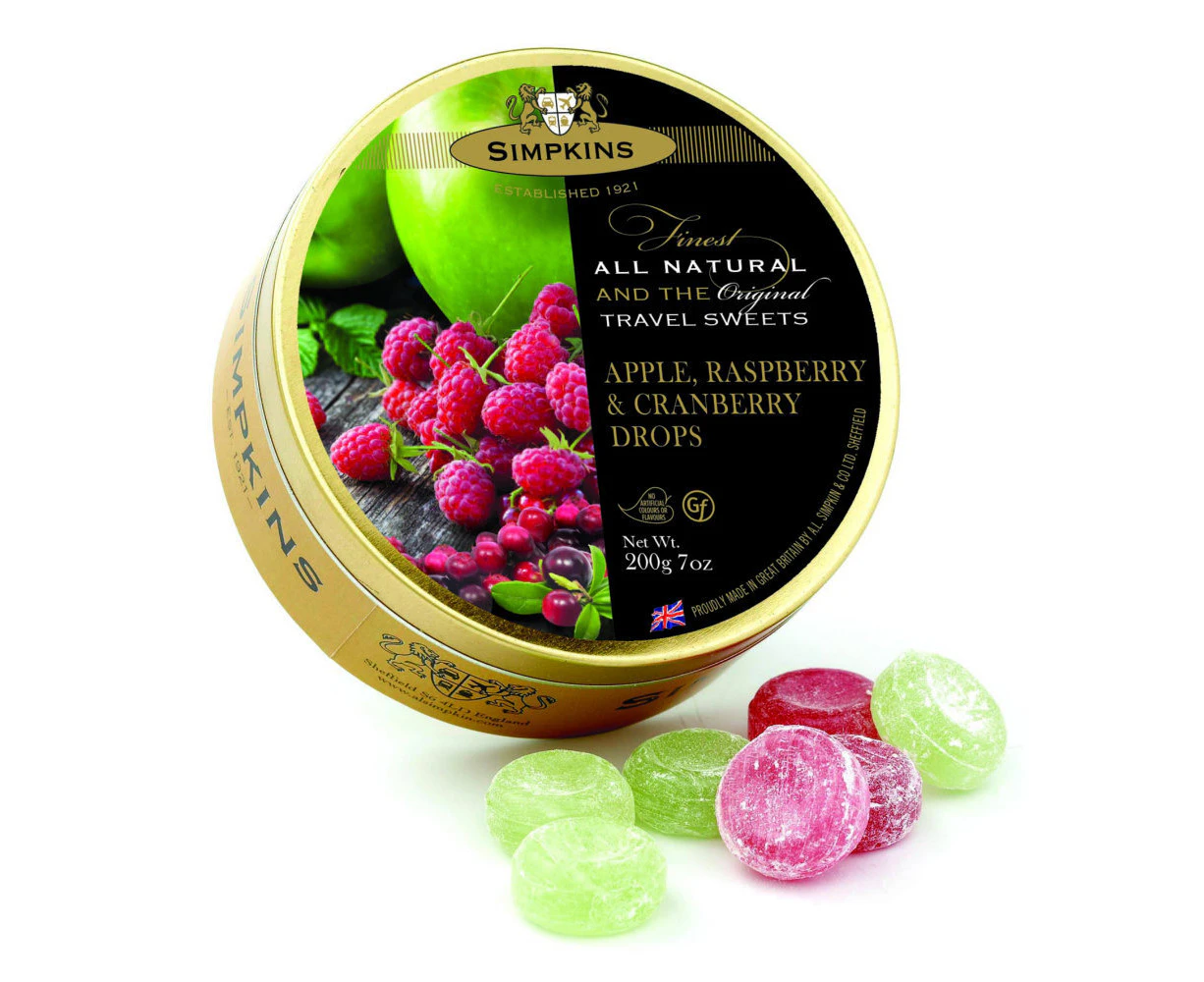 Simpkins Apple Raspberry and Cranberry Drops 200g Tin Sweets Candy Lollies