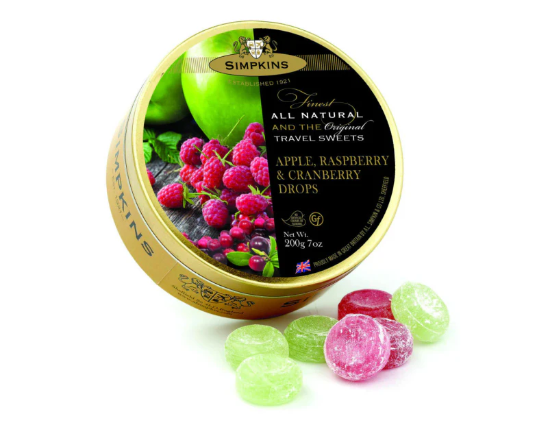 Simpkins Apple Raspberry and Cranberry Drops 200g Tin Sweets Candy Lollies