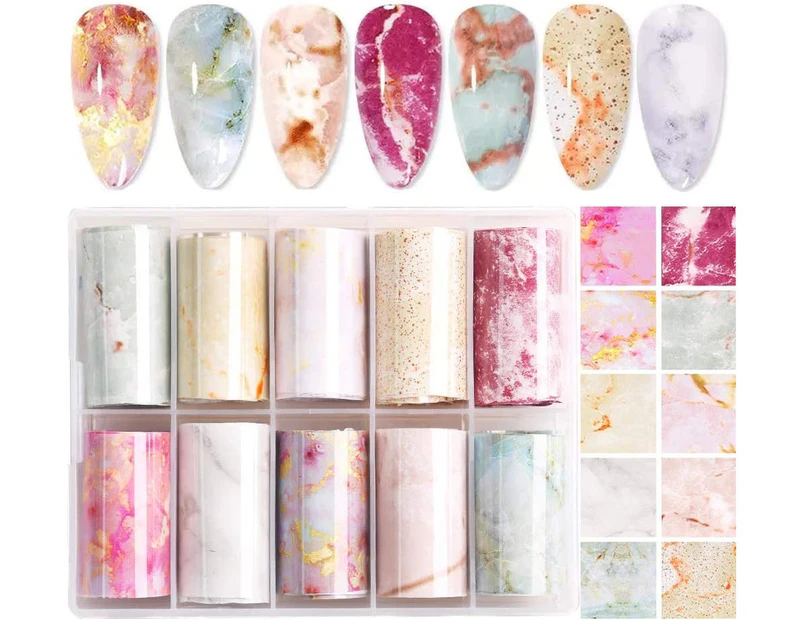 Marble Nail Foil Transfer Sticker, 10 Rolls Marble Stone Nail Foils Colorful Blooming Print Nail Art Foil Wraps Decals DIY Nail Decoration