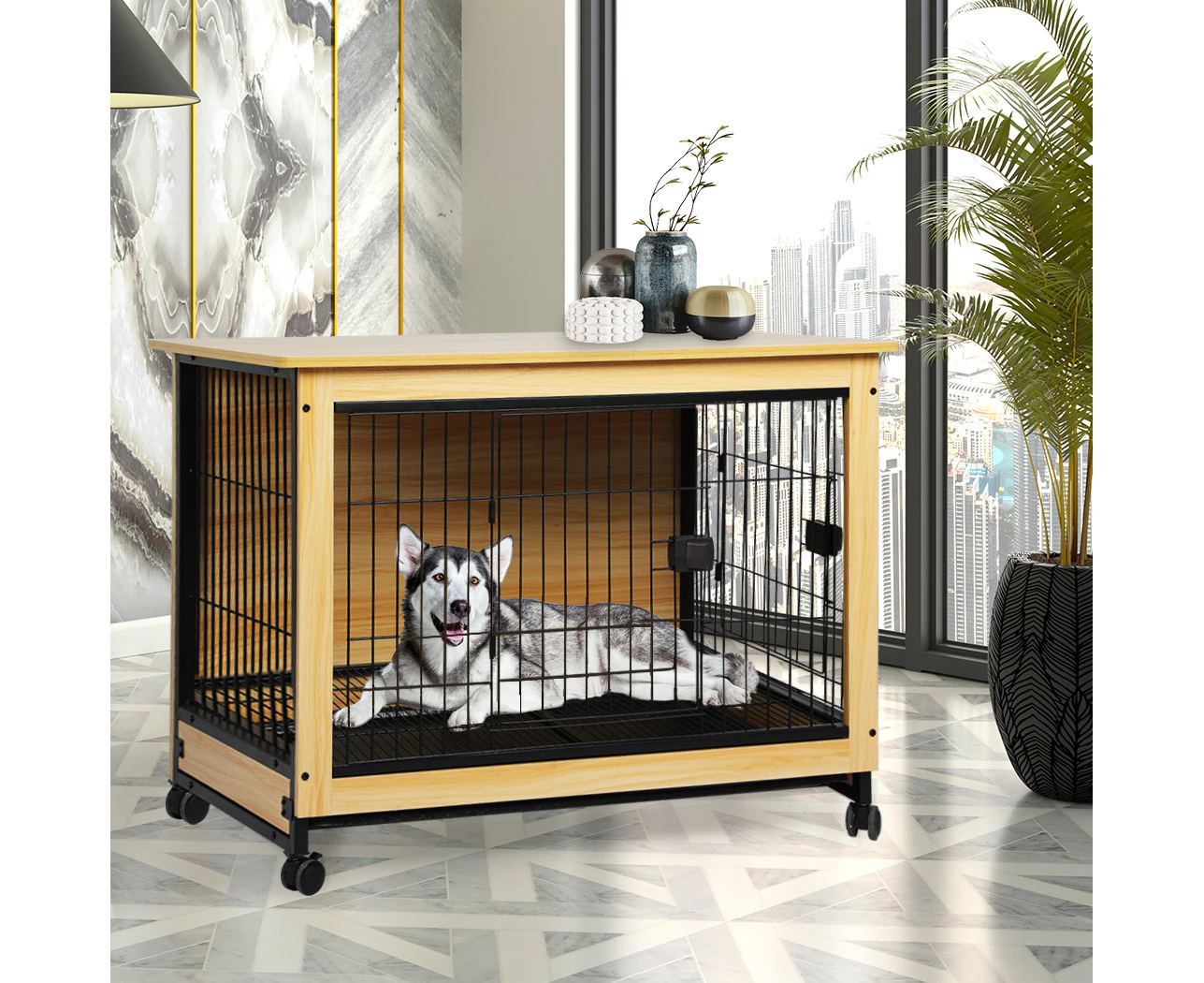 Pawz Wooden Wire Dog Kennel Side End Table Steel Puppy Crate Indoor Pet House XXL