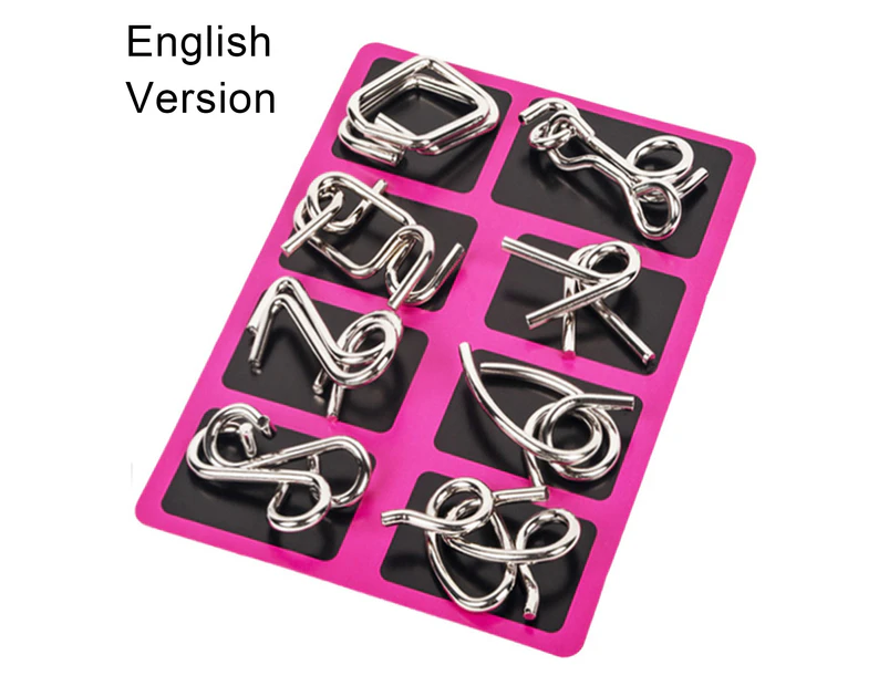 8Pcs/Set Metal Wire Puzzle Montessori Educational Carbon Steel IQ Mind Brain Teaser Stress Reliever Toys for Children Red English Version