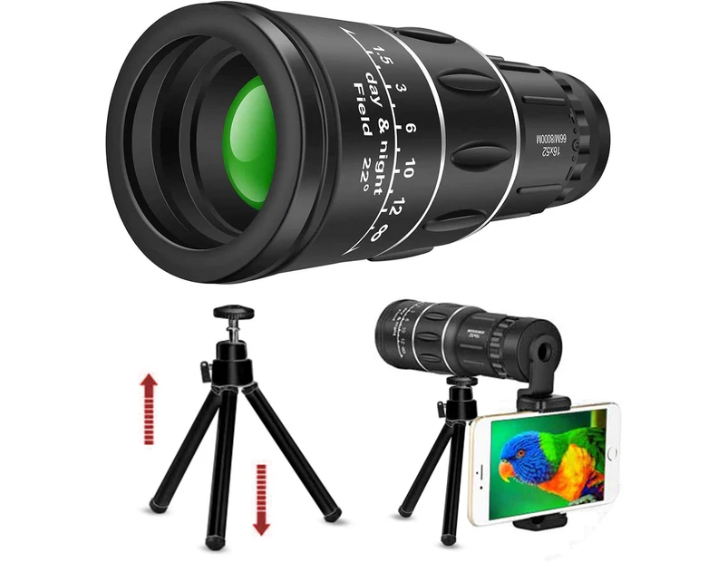 Monocular Telescope, 16X52 HD Monocular with Holder &Tripod for Smartphone,Clear BAK4 Prism Lens Dual Focus Optics