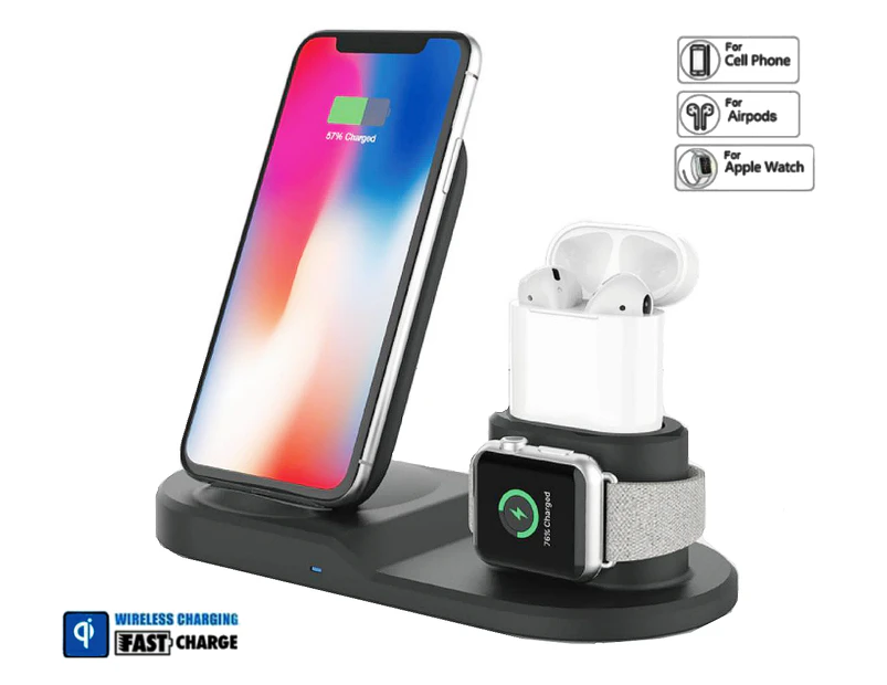 10W 3-in-1 Fast Charge Triple Wireless Charger Stand for Apple (Square) Black