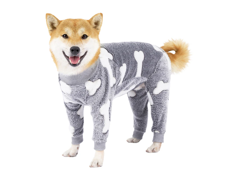 Pet Jumpsuit Printing One Piece High Elasticity Soft Comfortable Keep Warm Flannel Bone Pattern Pet Pajamas for Indoor - Grey