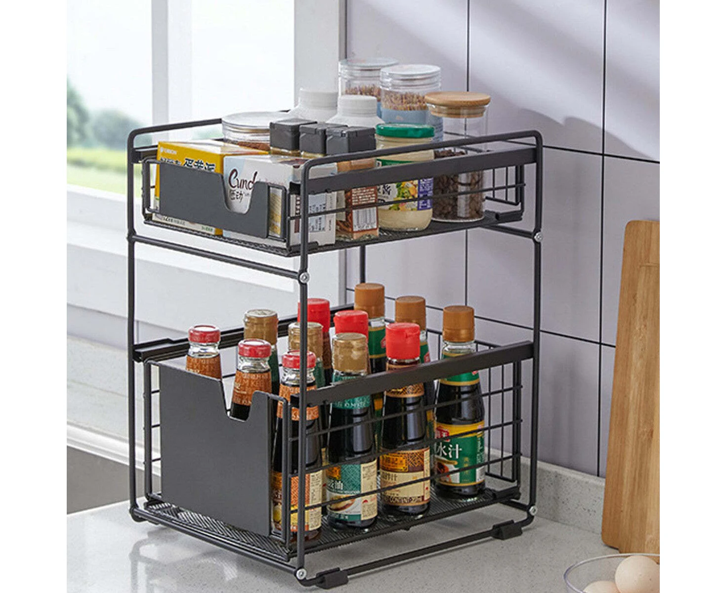 Viviendo Pantry Kitchen Organiser Sauce Rack Spice Storage with sliding drawers in Carbon Steel - Black