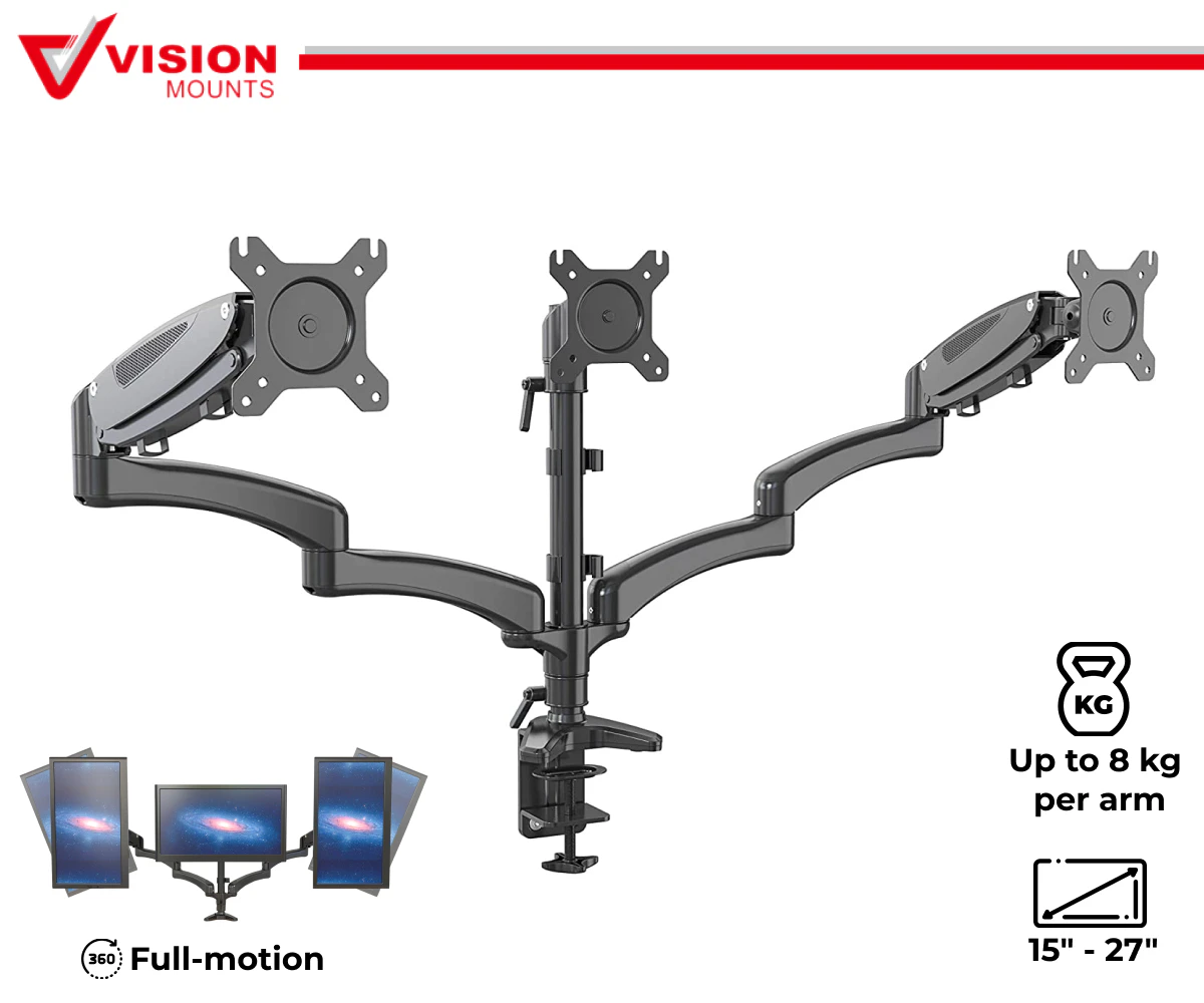 Triple 3 Arm Monitor Stand Mount Desk Screen Holder Bracket Desktop 8 kg 27" Vision Mounts