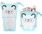 Cartoon Cute Bear Pencil Pouch Canvas Pen Bag Standing Stationery Case Holder Box for Student-Khaki Cat