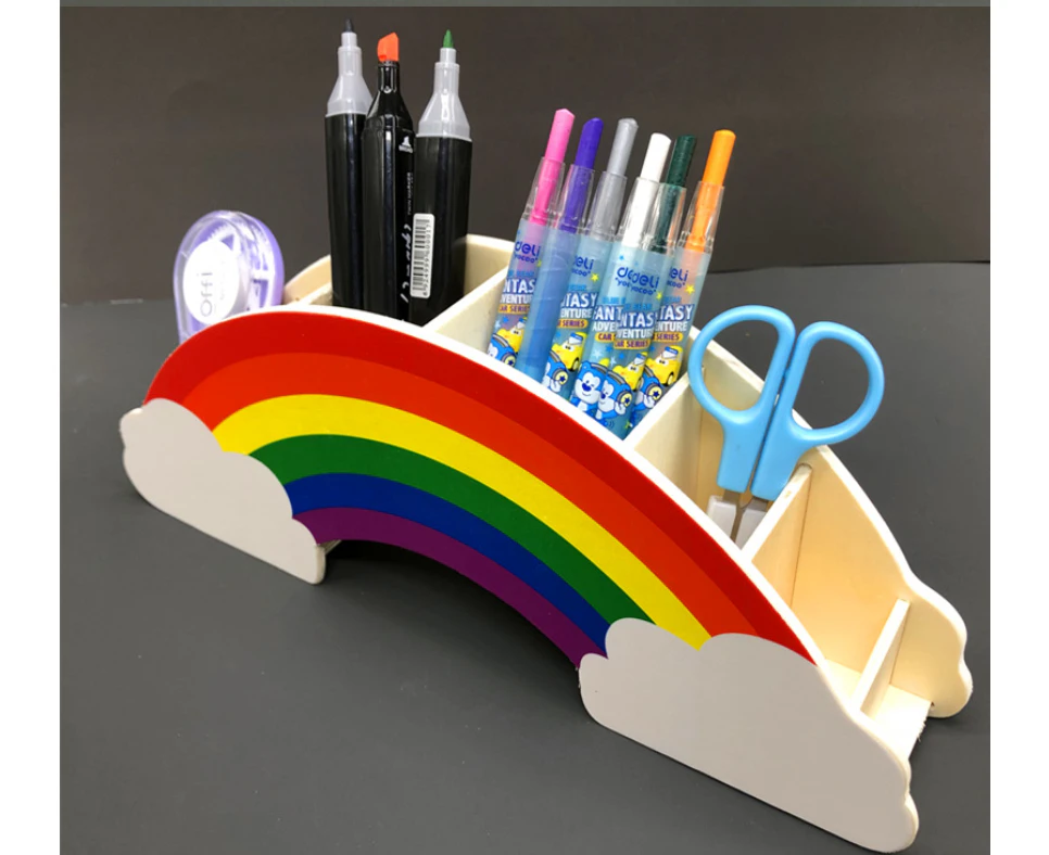 Desk Organizer School Supplies - Cute Rainbow Cloud Wooden Pencil Holder Desk Accesories Decor for Phone, Art Supplies, Makeup brush Supply Pen