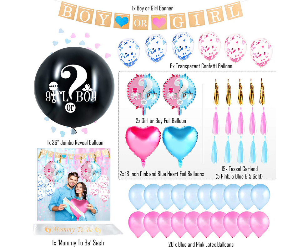 All-in-One Baby Gender Reveal Decorations Kit | Gender Reveal Balloon, Boy  or Girl Pink and Blue Balloons, Sash, Cup Cake Toppers, Photo Props, Banner