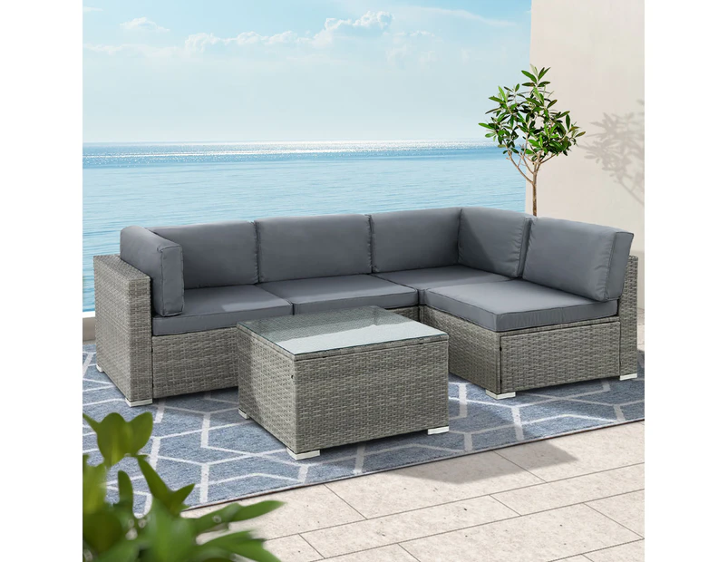 Gardeon 5-Piece Outdoor Sofa Set Wicker Couch Lounge Setting 4 Seater Grey