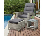 Livsip Outdoor Setting Recliner Chair Table 3 Piece Set Wicker lounge Patio Furniture Grey