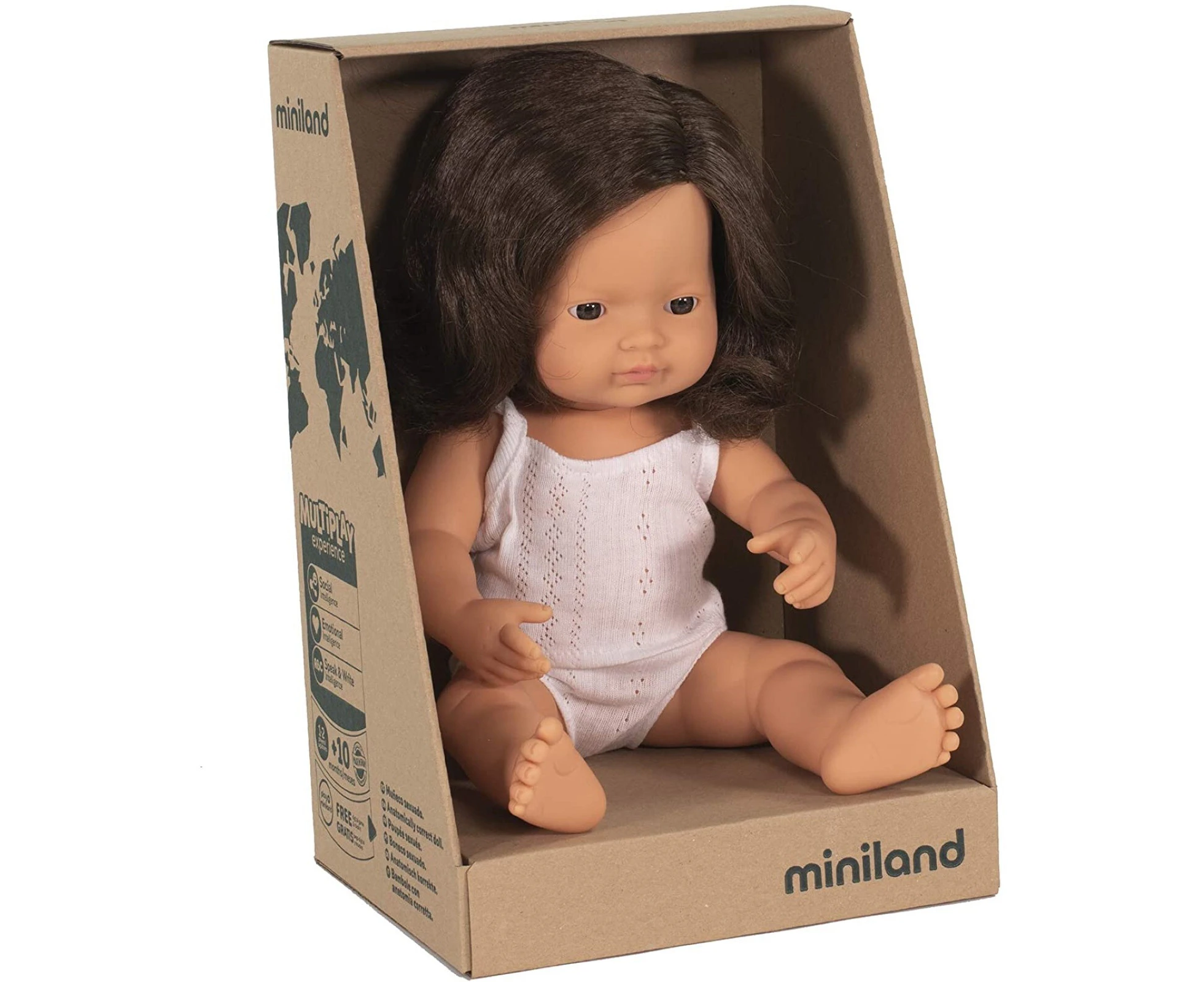 Miniland Baby Doll Caucasian Brunette Girl 38cm Kids Fun Pretend Play Toy 10m+