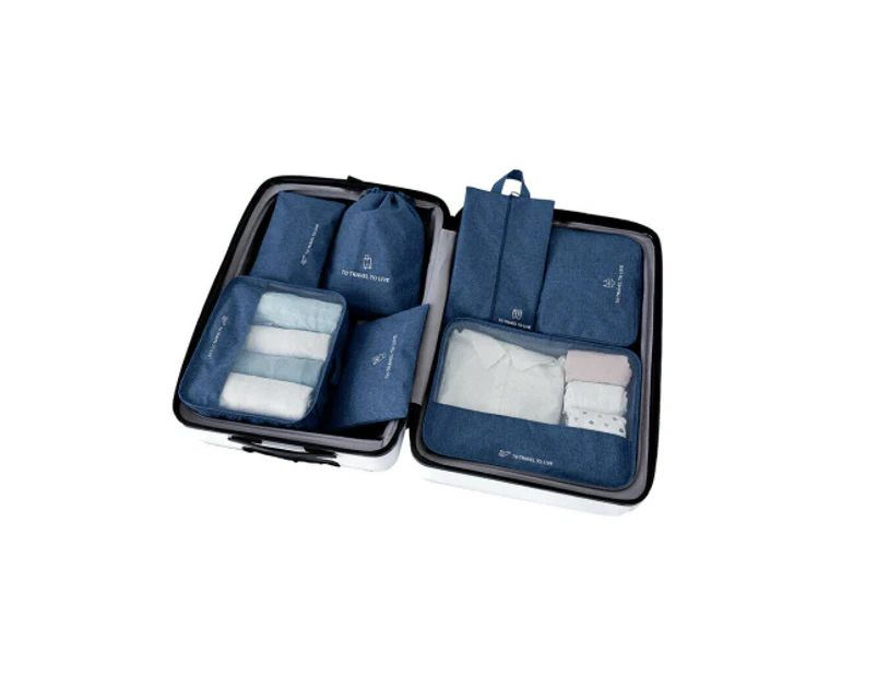 7Pcs Packing Cubes Travel Pouches Luggage Organiser Clothes Suitcase Storage Bag Box [Colour: NAVY BLUE]