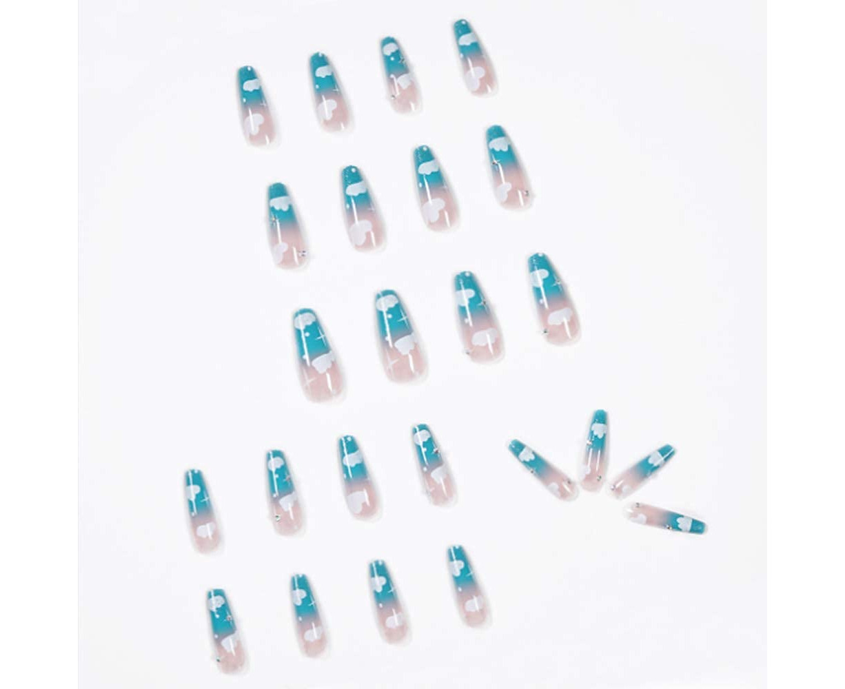 Press on Nails Long Gradient Coffin Fake Nails Blue Cloud False