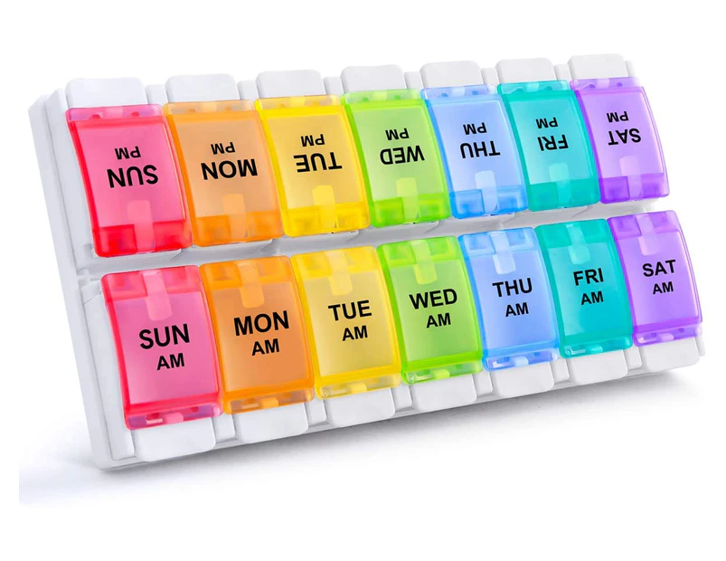 AM PM Weekly 7 Day Pill Organizer, Large Daily Pill Cases Pill Box with Easy Push Button Design for Pills/Vitamin/Fish Oil/Supplements (Rainbow)