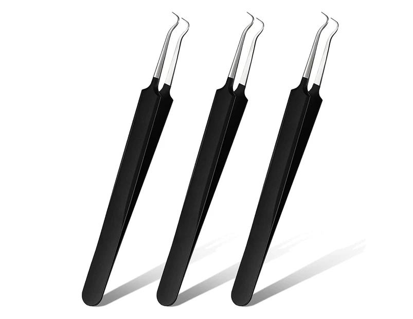 3 Pieces Blackhead Tweezers Acne Blemish Stainless Steel Blemish Extractor  Tool ,Curved Tweezer Skin Blackhead Remover Tools (Black)