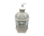 1pce 40cm White Hexagonal Shape Lantern Metal & Glass Candle Holder Hangable - White