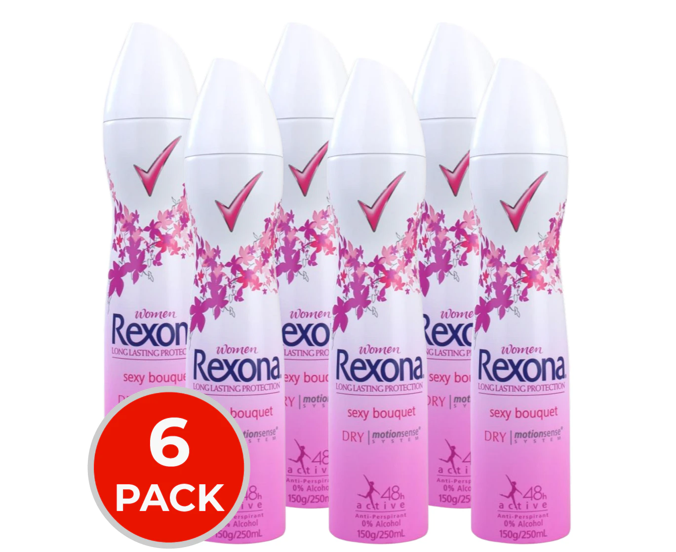 6 x Rexona Deodorant Women Bouquet Body Spray Dry Motionsense 48hr Active 250mL