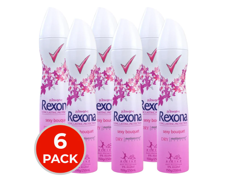 6 x Rexona Deodorant Women Bouquet Body Spray Dry Motionsense 48hr Active 250mL