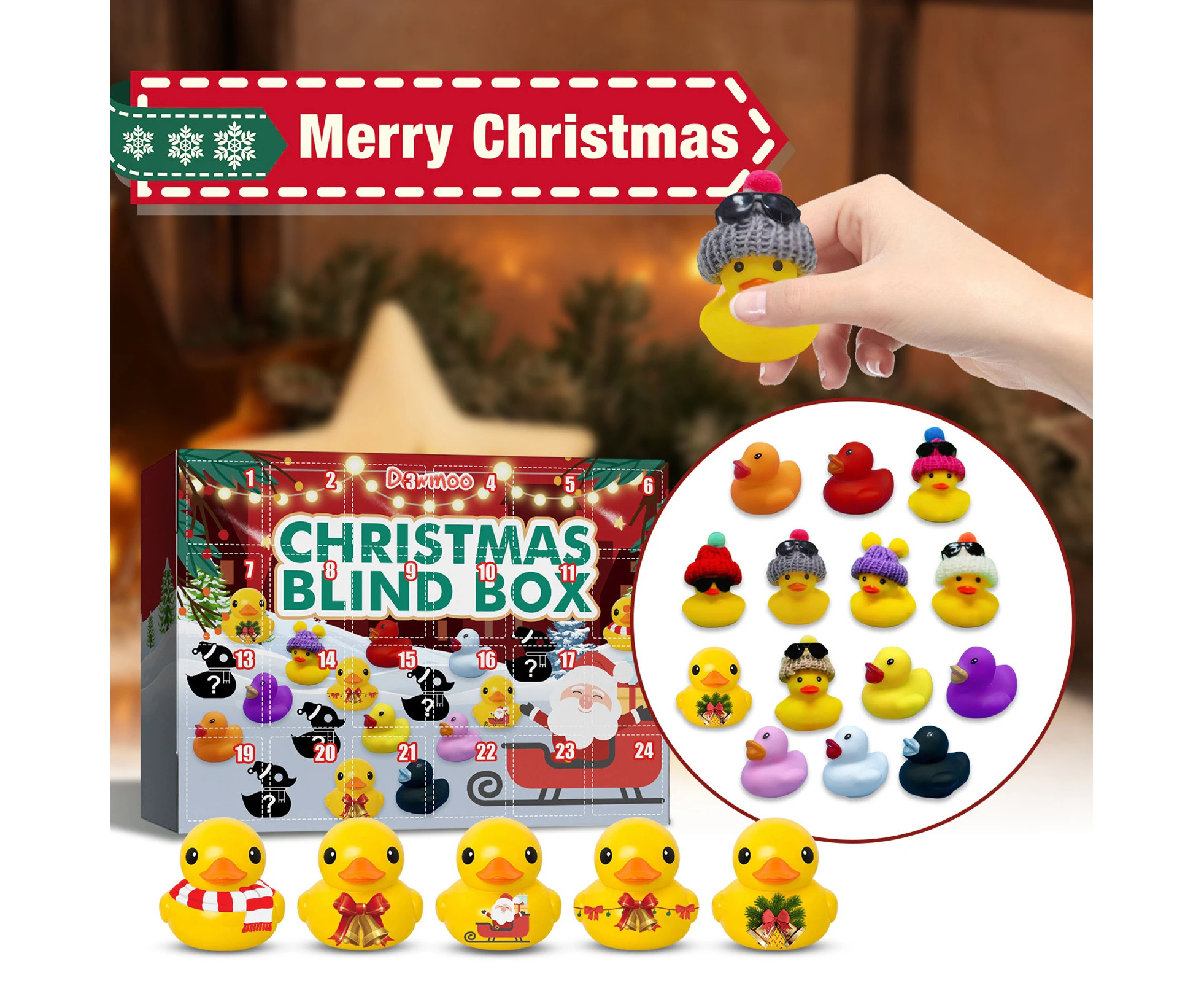 Sunshine 1 Box Advent Calendar Toys Realistic Decorative Compartmentalized Festival Toys Rubber 24 Grids Cute Duck Calendar Toys for Christmas -