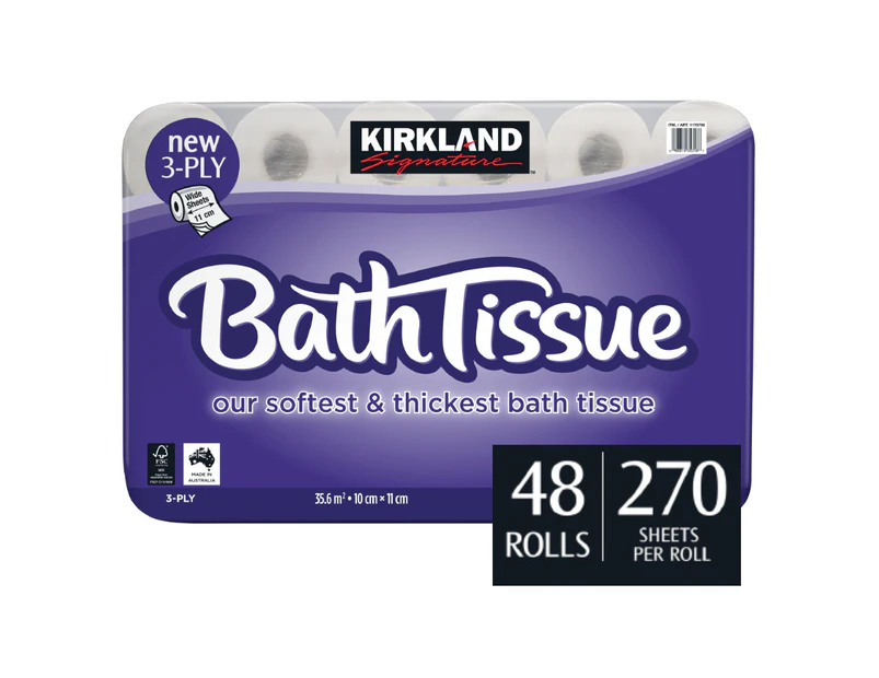 Kirkland 3 Ply Bath Tissue Toilet Paper 48 Rolls Soft White Bulk 270 Sheets Roll