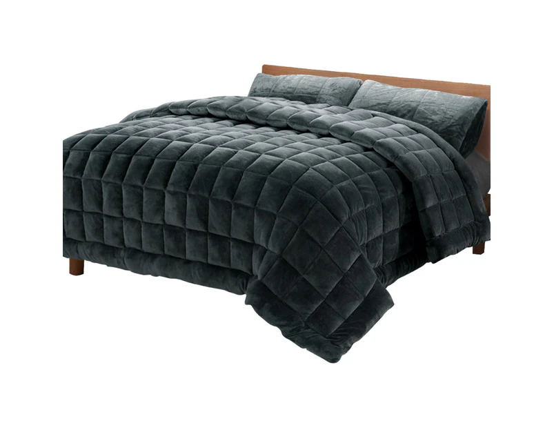 Super King Bedding Faux Mink Quilt Comforter Fleece Throw Blanket Charcoal - Charcoal