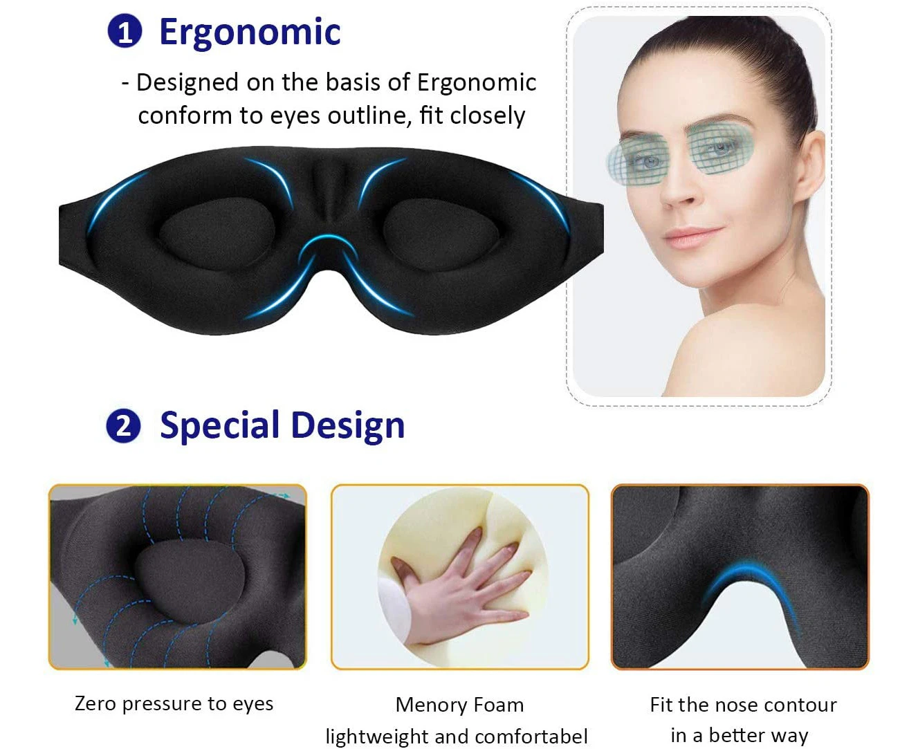 100% Blockout Light Eye Mask for Sleeping 3D Contoured Blindfold, Upgraded Eye Cover with Adjustable Strap